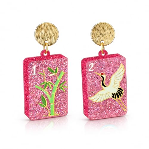 Mahjong Earrings for Women Pink Glitter Mahjong Tile Dangle Earrings Mahjong Jewelry Gifts for Women Game Night Accessories