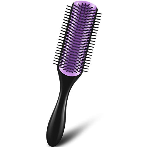 9-Row Hair Brush Cushion Nylon Bristle Brushes Massage Hair Brush with Anti-static Rubber Pad Hair Styling Tools for Detangling, Separating, Blow-Drying, Shaping, Defining Curls (Purple)
