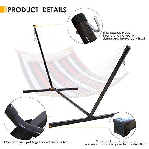 Double Hammocks with 12ft Hammock Stand,Durable Quilted Fabric Hammock w/Foldable Bar & Detachable Pillow,450 Pounds Capacity,Stable Detachable Metal Stand - Thumbnail 2