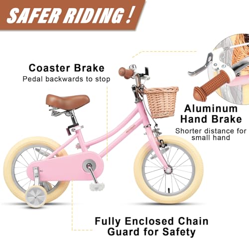 Image of Petimini Vintage Kids Bike for Girls, 12-20 Inch Classic Bicycle with Wicker Basket & Bell, High Tensile Steel Frame, Training Wheels (12-18 inch), 85% Pre-Assembled, Retro Bike for Outdoor Riding
