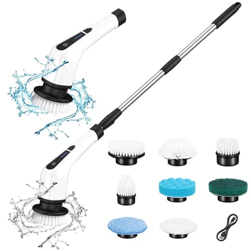 Fregadora giratoria eléctrica, Cepillo de Limpieza eléctrico con 8 Cabezales de Cepillo reemplazables, Mango telescópico, rotación de Dos velocidades, fregadora de Ducha eléctrica inalámbrica para