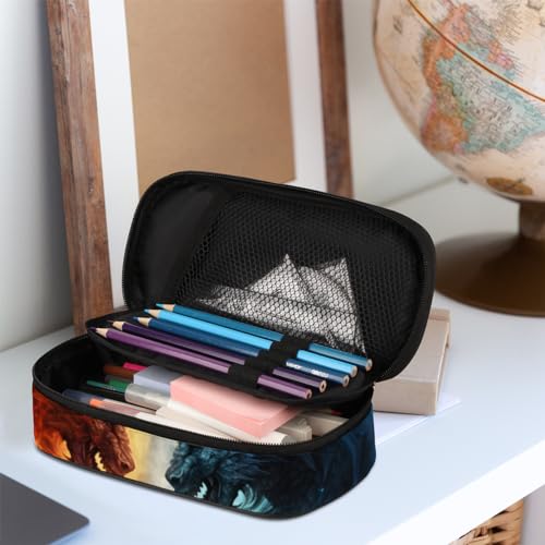 Image of Fiery Dragon Leather Pencil Case Pen Holder Large Capacity Black Stationery Organizer Pencil Bag with Zipper for Boys Girls Ice Dragon Kids Pencil Pouch Storage Box for School College Office