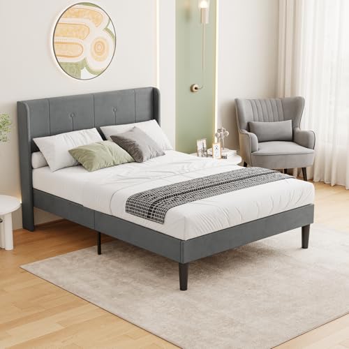 Vesgantti Velvet Small Double Bed Frame With Adjustable Wing Edge Headboard, Solid Wooden Slats & Upholstered Platform, Easy Assembly, Under Bed Storage, 4FT Small Double Bed, 120 X 190 Cm, Dark Grey - 7