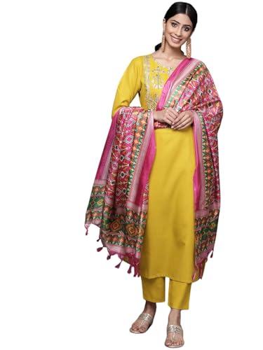 Image of Amayra Women's Embroidered Cotton Straight Kurta with Pant and Dupatta Set