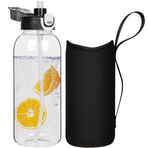 DEARRAY 2 liter Trinkflasche Glas Flasche mit Strohhalm 2l Glasflasche mit Schutzhülle, Auslaufsicher BPA frei Große Wasserflasche für Sport, Smoothie, Früchte Kohlensäure geeignet