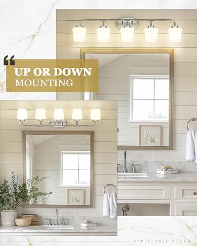 Image of Bathroom Light Fixtures Over Mirror, 5-Light Brushed Nickel Vanity Lighting Fixtures with Milk White Glass, 38inch Farmhouse Wall Sconces Lighting, AD-22004-5W-SN