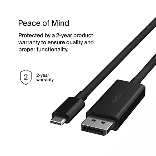 Image of Belkin USB Type C to DisplayPort 1.4 Cable 6.6ft /2m, 32.4Gbps, 8K@60Hz or 4K@144HZ, with HBR3, DSC, HDCP 2.2, DP Alt Mode, Backwards Compatible, Works with Windows, MacOS, iPadOS, Android, and More