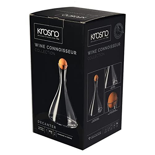 Image of KROSNO Wine Decanter, 33.8 oz, Avant-Garde Collection | Pitcher with Wooden Ball Stopper, Carafe for Wine or Alcohol, Lead-Free Crystal Glass, Wine Dispenser, Glass Wine Bottle