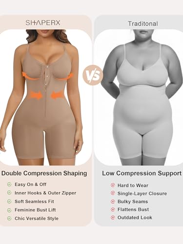 Image of SHAPERX Women's Shapewear Bodysuit Tummy Control Seamless Zip-Up Body Shaper Waist Defining Silhouette