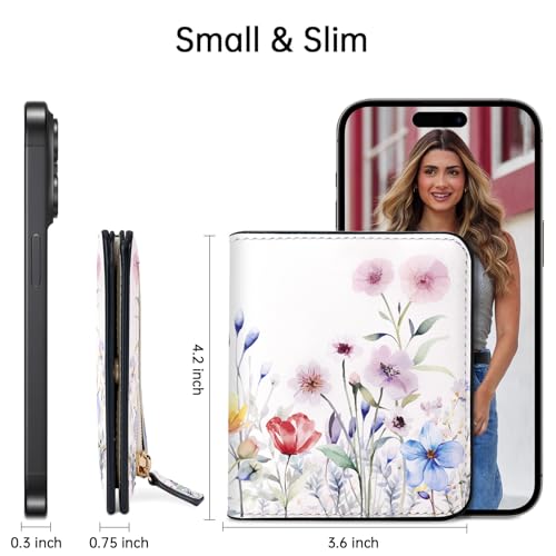 Image of Toughergun Wildflower Charm Floral RFID Small Wallet Women, Slim Thin Vegan Leather Bifold Wallet with Zipper Coin Pocket & ID Window, Cute Mini Credit Card Holder Gift for Women Ladies Teen Girls