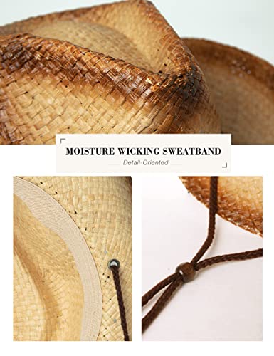 Image of Comhats Western Style Round Cowboy Straw Hat Ladies Fedora Chin Cord Vegan Leather Band Shapeable Brim Beach Cowgirl