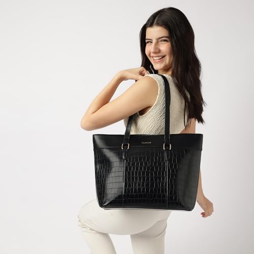 Image of Fastrack Croco Core Laptop Tote for Women, Women's Faux Leather Shoulder Bag, Fits 15-Inch Laptop, Organised Office Bag with Zip Pockets, Work and College Bag for Girls