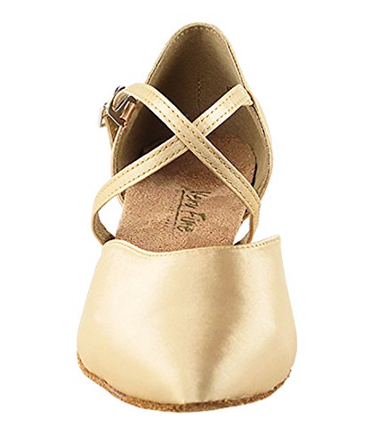 Very Fine Dance Shoes - Ladies Practice, Cuban Low Heel, Waltz Ballroom Dance Shoes - 9691-1.3-inch Heel and Foldable Brush Bundle - Light Brown Satin - 93