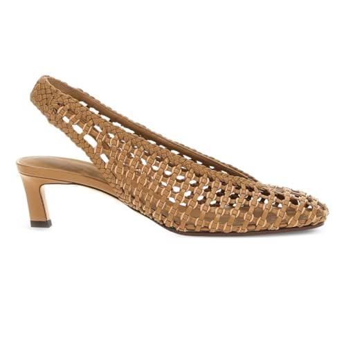 Women's Woven Slingback Pumps Kitten Heel Fishnet Round Toe Sandals Brown Weave Breathable Dress Sandals For Office Wedding