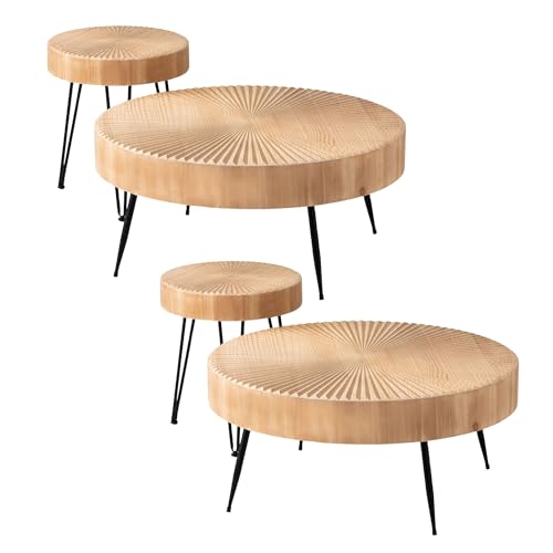 COZAYH 4 Piece Round Nesting Coffee Table Set, Natural Wood Top with Black Metal Legs, Radial Pattern – Rustic Farmhouse Accent for Living Room or Bedroom – Space-Saving Modern Furniture - Best Coffee Tables