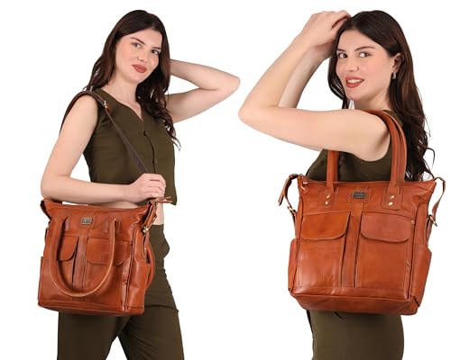 Pascado leather tote shoulder satchel bag for women handbag with pockets zipper with crossbody strap - Thumbnail 6