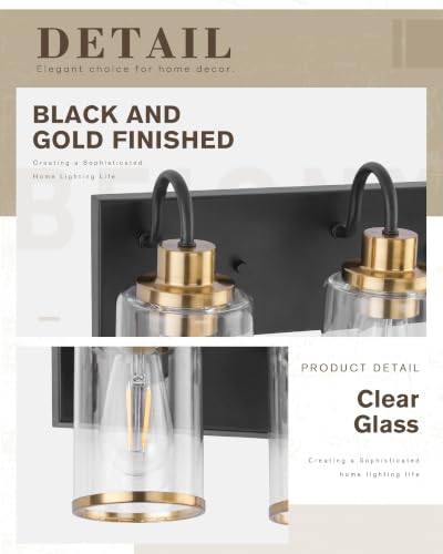Image of Beionxii 3-Light Bathroom Light Fixtures, Blac and Gold Vanity Lights with Clear Glass Shades, Vanity Lights Over Mirror, Wall Sconces for Kitchen Living Room Hallway Cabinet Porch, BX-VL01BKG-3CG
