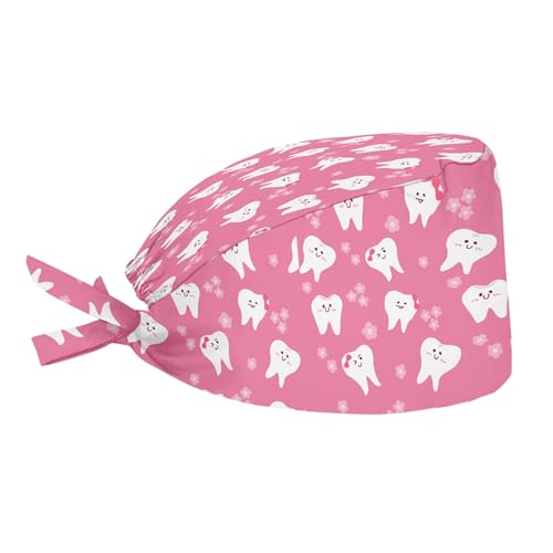 Upetstory Turban Hat for Women Men Comfortable Adjustable Cleaning Working Cap with Sweatband, Cute Dental Pink, One size