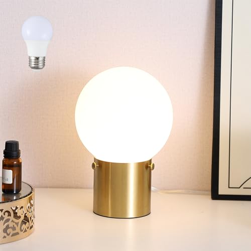 Gold Table Lamp for Nightstand with Frosted Glass Globe Lamp Shade, Mid Century...