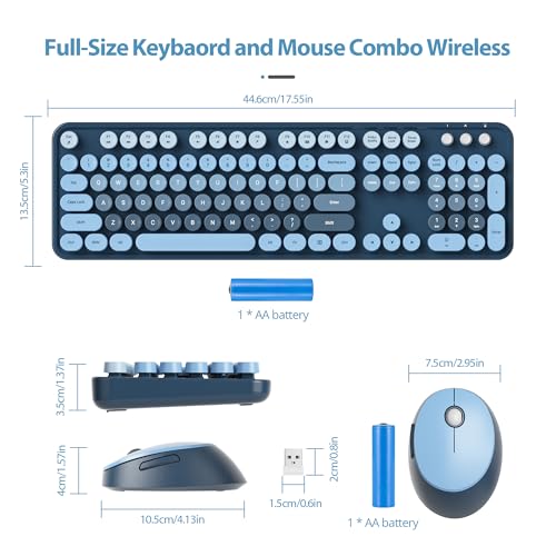 Image of Fogruaden Blue Keyboard and Mouse Wireless, Retro Typewriter Keyboard, 2.4GHz 104 Keys Full Size Cute Keyboard with Number Pad, Gradient Colorful Round Keycaps for Windows PC Desktops Laptop