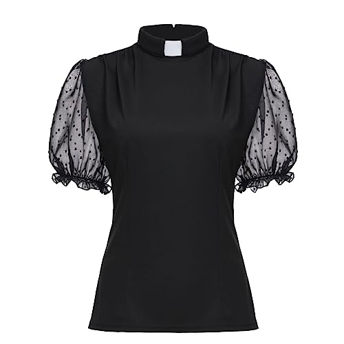 Womens Church Clergy Shirt Tab Collar Tulle Mesh Lantern Short Sleeves Slim Blouse Top
