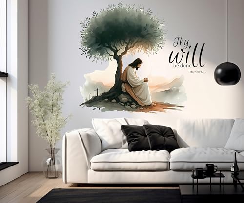 Image of Jesus Christ Wall Sticker | Thy Will Be Done Bible Verse Wall Art | Christian Vinyl Decal for Living Room, Prayer Room & Church Decor