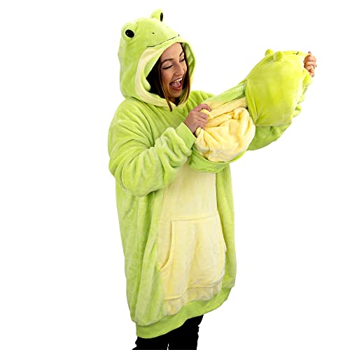 Image of Plushible Wearable Hooded Blanket for Adults, Oversized Hoodie with Sleeves & Pocket, 2-in-1 Comfy Hoodie Blanket Pillow - Frog