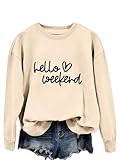Hello Weekend Sweatshirt Funny Holiday Shirt Women Weekending Pullover Tops Cute Heart Graphic Shirt Large Beige