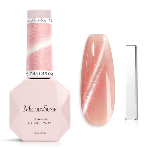 Image of MelodySusie Jeweliver Cat Eye Gel Nail Polish, 0.5 Fl Oz Coral Pink Glitter Holographic Magnetic Nail Polish with Magnet, UV Nail Polish for Nail Art Manicure Salon DIY at Home C45