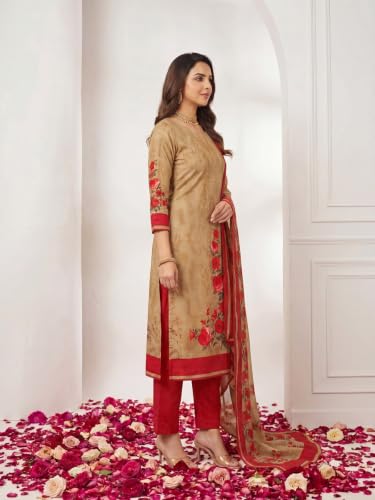 Image of Women's Light Brown Silk Salwar Suit Dress Material with Matching Bottom & Dupatta | Premium Unstitched Ethnic Suit Fabric for Festive, Party, Traditional Ethnic Wear