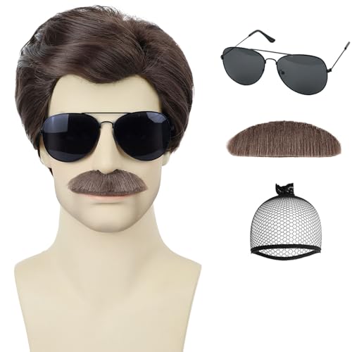 Yargel Hair Short Brown Mens Wig With Mustache and Glasses 70s 80s Halloween Costume Cosplay Party Funny Wig (4pcs Set)
