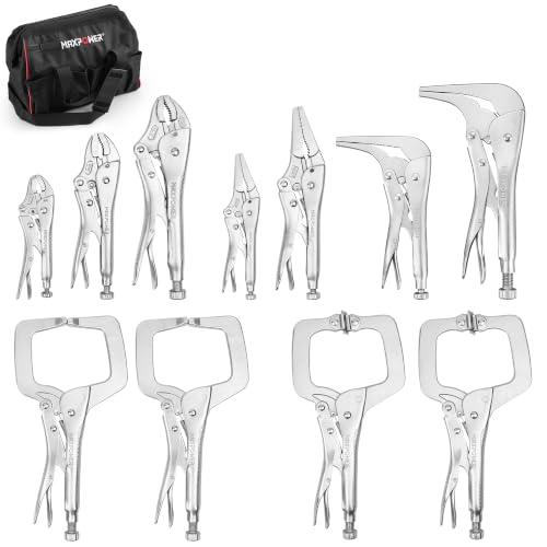 Image of MAXPOWER 11-pieces Locking Pliers C-clamp Set | included Locking C Clamp, 90 degree Pliers, Long Nose & Curved Jaw Pliers, with Carrying Bag