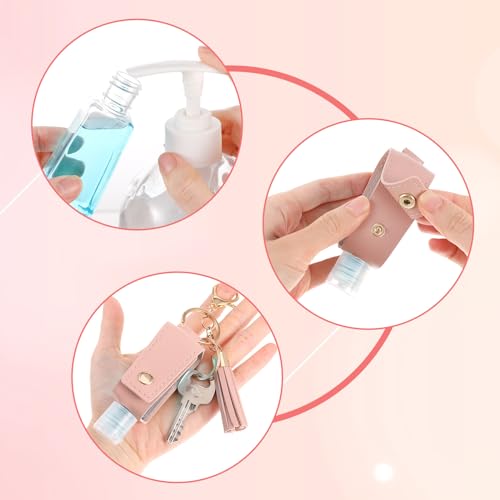 2Pcs Portable Leather Hand Sanitizer Holder, Travel Size Keychain Case Refillable Bottle for Toiletry Lotion Liquid Soap Shampoo (Black, Pink)4