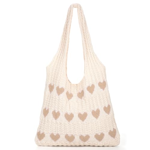 JasGood Strandtasche Damen Gestrickte Tasche Beach Tote Bag Sommer Boho Strick Shopper Tasche mit Cute Herzmuster Umhängetasche Schultertasche für Frauen,Beige mit Khaki Herz