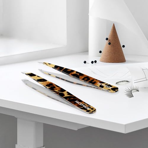 FACEMADE 2 Pack Leopard Print Tweezers -Professional Stainless Steel Tweezers for Men and Women, Precision Eyebrow Tweezers for Ingrown Hair Removal