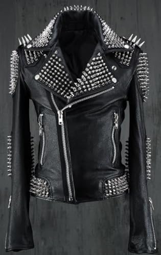 Men's Black Brando Full Silver Spiked Motorcycle Leather Jacket - Night Club Rockstar Music Festival Punk Fashion Outerwear2