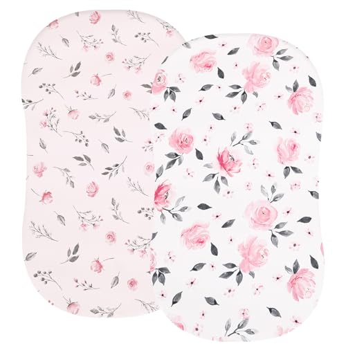 Image of PHF Soft Bassinet Sheet Set, 2 Pack Silky Comfy Breathable Cradle Sheets for Baby Girls, Univeral Fit for Most Oval Rectangle Cradle and Bassinet Mattress /Pad, Pink Floral