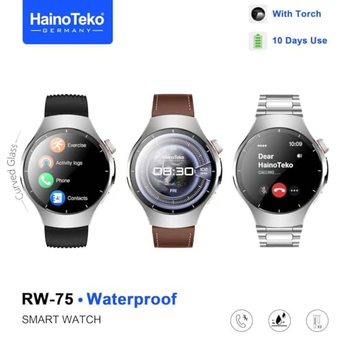 Image of HainoTeko RW-75 Waterproof Smart Watch with AMOLED Curved Display 3 Set Straps and in Built Torch for Mens (Silver)