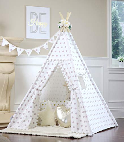 Polka dot Pompom Teepee Package with Floor, Pocket, Poles, LED Light, Flags Banner and Storage Bag