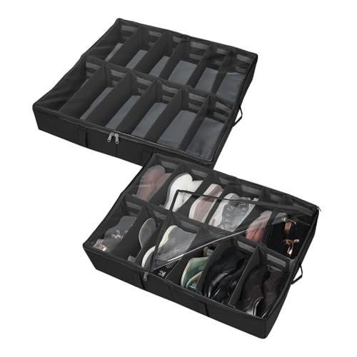 Image of DOUBLE R BAGS Under Bed Shoe Organizer with Zipper - 12 Compartment Dustproof Foldable Storage for Shoes, Heels & Boots (Polyester Black, 73x62x13 cm, Pack of 2)