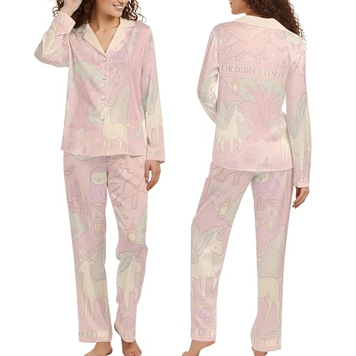 Forest Pastel Pajama Set Magical Creature Sleepwear for Women Bookishwears Cute Fantasy Inspired Loungewear with Unicorn & Owl Print - Soft Satin and Long Sleeve (L)