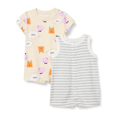 Amazon Essentials Conjunto de Peleles sin Mangas y de Manga Corta Unisex Bebés, Pack de 2, Beige Perros/Mezcla Rayas, 6-9 meses