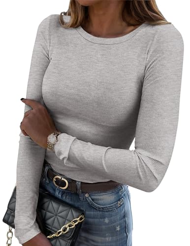 Zeagoo Camisetas Manga Larga Mujer Elegante T Shirt Básicas de Punto Acanalado Camisas con Cuello Redondo Camiseta Básico Túnica Top para Otoño e Invierno Gris Claro L