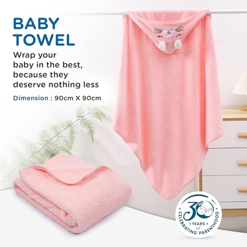 Image of Mee Mee Hooded Baby Bath Towel for New Born | Wash Cloth, Quick Absorbent, Can be Used for Baby Swaddling, Extra Soft Cotton Towels for Kids /Toddlers /Infants /Babies, Pack of 1, (Pink Cat) 80X80 CM