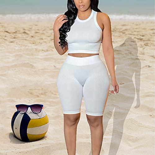 Halfword Women's Sexy Shorts Set 2 Piece Summer Outfits Crop Top High Waist Biker Short Bodycon Jumpsuits White White L #TOP1