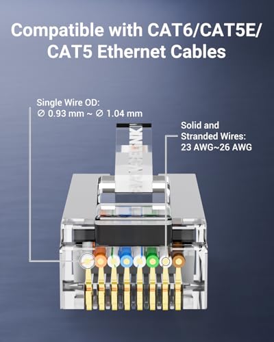 VCE Shielded RJ45 Pass Through Connectors Cat6 50-Pack, Ethernet Crimp Modular Plug for Cat6/Cat5/Cat5e STP & UTP Network Cable, Interference-Resistant