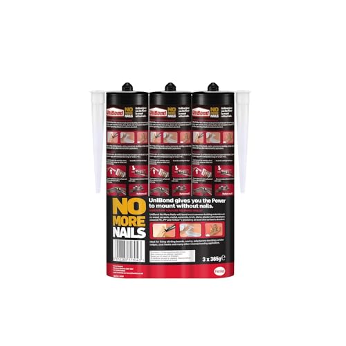 UniBond No More Nails Original, Heavy-Duty Mounting Adhesive, No Nails Strong Glue for Wood, Ceramic, Metal etc., White Instant Grab Adhesive, Pack of 3 (3 x 365g Cartridges)