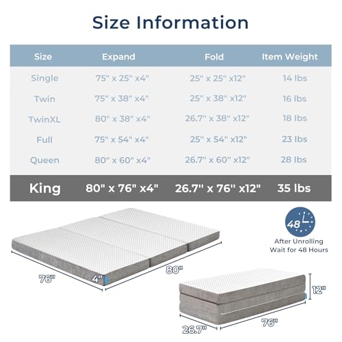 Image of Odorless Foldable Mattress King Size 80 inch x 76 inch x 4 inch, 4 Inch Medium Firm Folding Foam Mattress with Storage Bag, Fiberglass Free Trifold Memory Foam Mattress for RV, Guest Bed