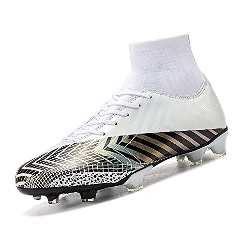 CERYTHRINA Mens Athletic Outdoor Indoor Turf Soccer Shoes High-Top Competition Training Football Boots Student Cleats Sneaker Shoes White Cleat 42