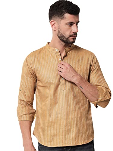 Image of Vastraa Fusion Men's Handloom Weaving Pure Cotton Short Kurta, Round Collar, Full Sleeves,Button Kurta, Ethnic Wear